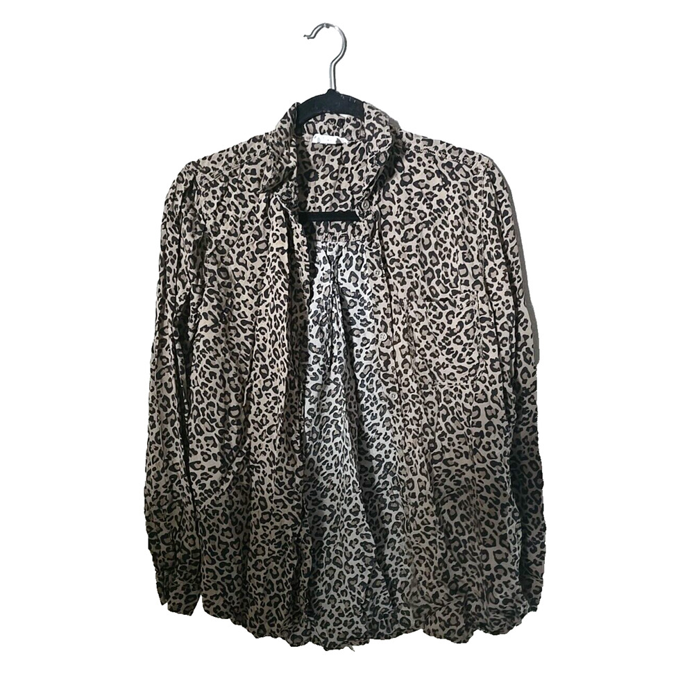 Beach Lunch Lounge Tan Leopard Print Long Sleeve Button Up Shirt Womans Sz Large